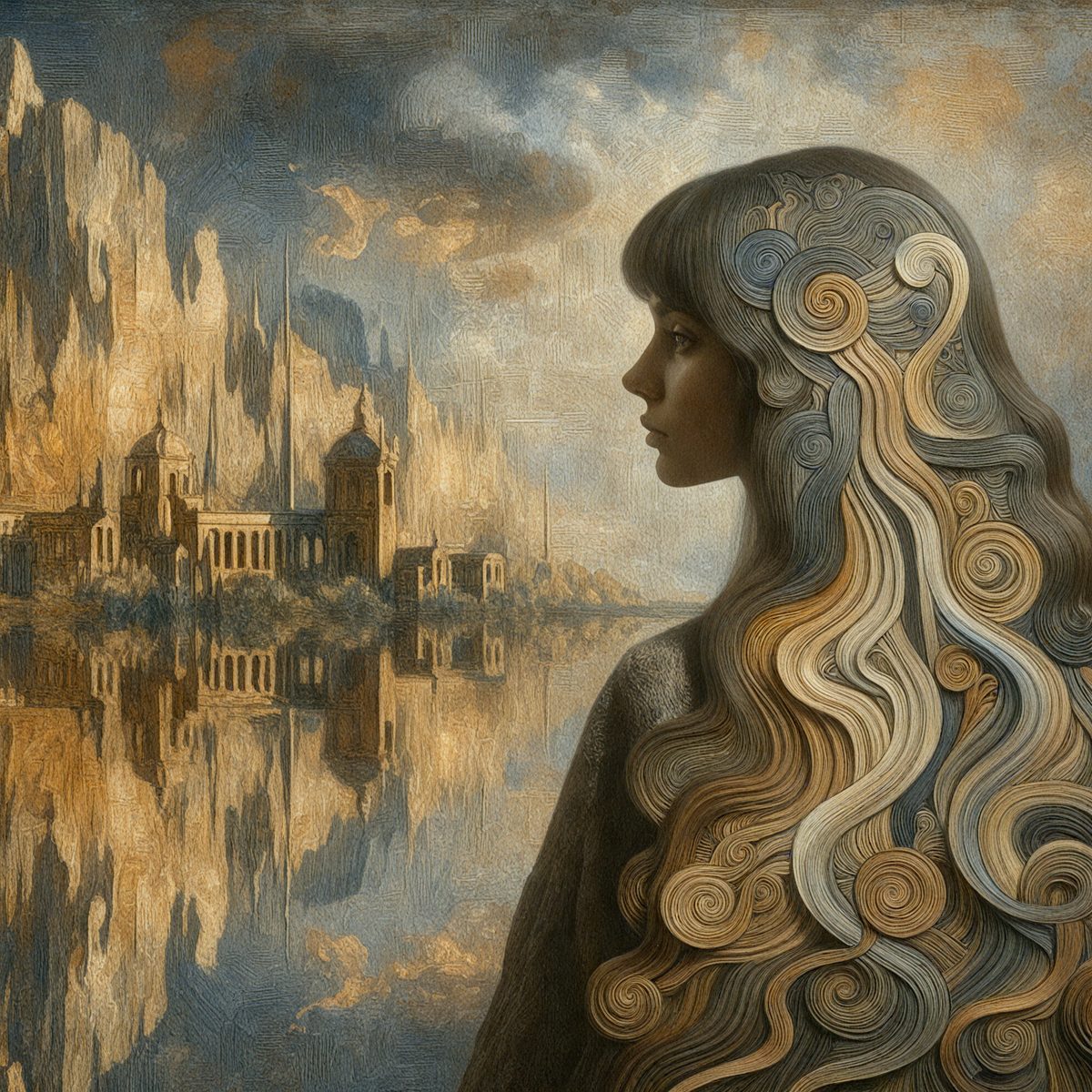 The primary subject of the image is a woman with long, flowing hair. She is standing in front of a large, ornate building, which serves as the setting for the scene. The visual style of the image is a painting, with the woman's hair being depicted in a swirling pattern. The colors and mood of the painting are warm and inviting, with the woman's hair being a prominent feature in the composition.